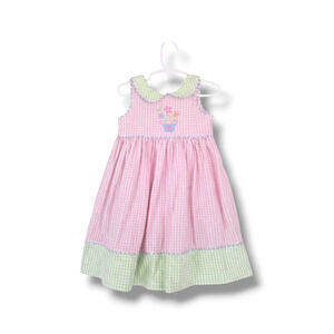 Vintage Patsy Aiken Chez Ami Girls Dress Size 3 Pink Gingham Flower Pot Applique